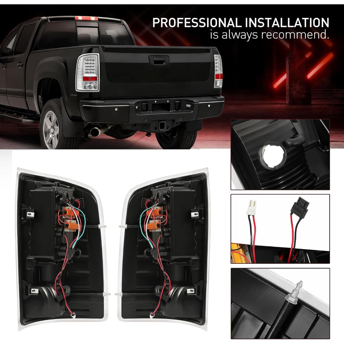 ALMULOO Pair LED Tail Light Compatible with 07-13 GMC Sierra 1500 & 07-14 GMC Sierra 2500HD 3500HD Replacement for GM2800208 GM2801208 Rear Lamp Clear Lens Chrome Housing Plastic Left&Right