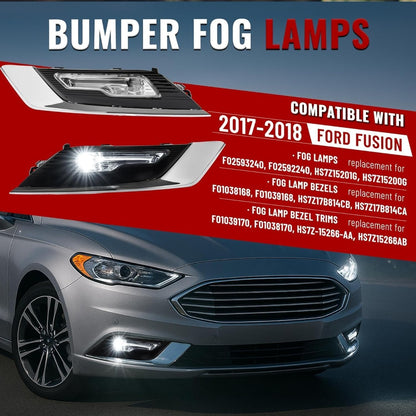 HECASA Pair LED Fog Light Assy Compatible with 2017-2018 Ford Fusion Replacement for FO2592240 FO2593240 FO1038168 Front Bumper Lamp Cover Trim Frame Gloss Black+Silvery+Clear Lens LH&RH