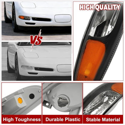 HECASA Turn Signal Light Compatible with 1997-2004 Chevy Chevrolet Corvette C5 Side Marker Clear Lens Black Housing Plastic Replacement for GM2520186 GM2521186 10301357 10301356