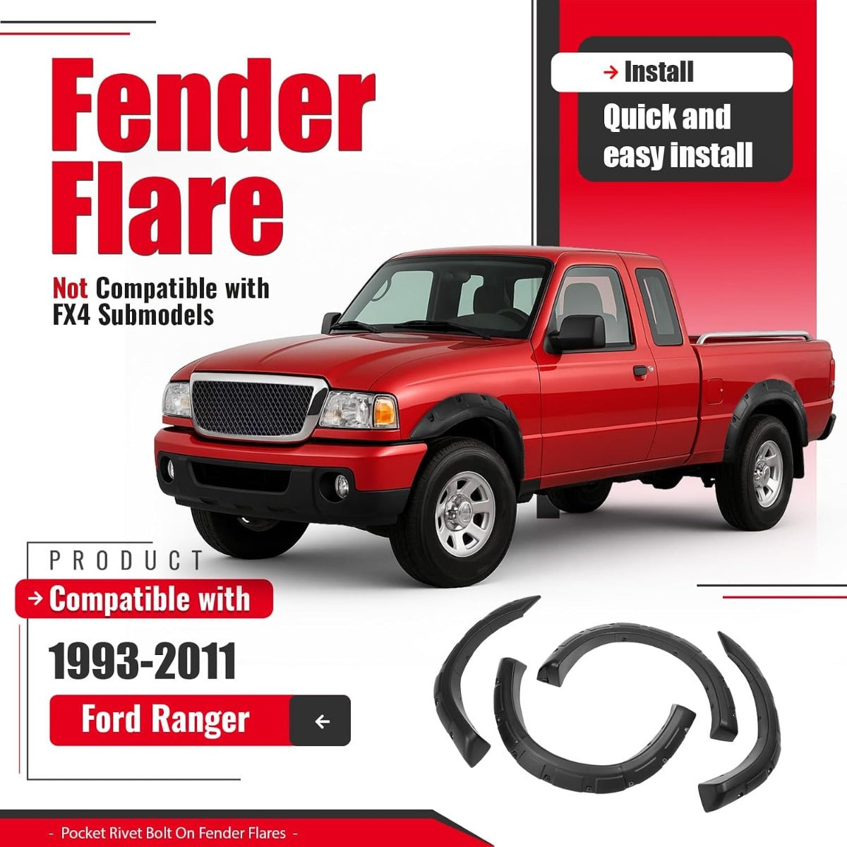 4Pcs Fender Flares Compatible with 1993-2011 Ford Ranger Exclude FX4 Submodels, 3Pieces Per Fender Flares Plastic(PP&TD20) Textured Black