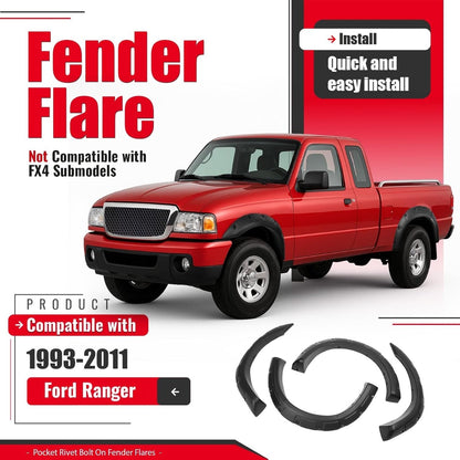 4Pcs Fender Flares Compatible with 1993-2011 Ford Ranger Exclude FX4 Submodels, 3Pieces Per Fender Flares Plastic(PP&TD20) Textured Black