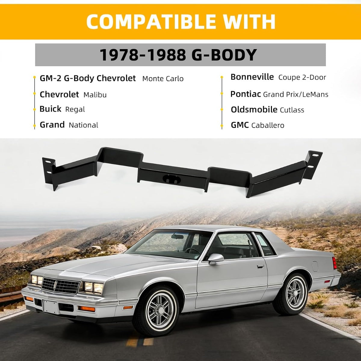 KUAFU Transmission Crossmember Double-Hump Compatible with 1978-1988 GM-2 GM G-Body Chevrolet Monte Carlo Coupe 2-Door Fits 700R4, 4L60, 4L60-E Transmission Powder Coated Steel