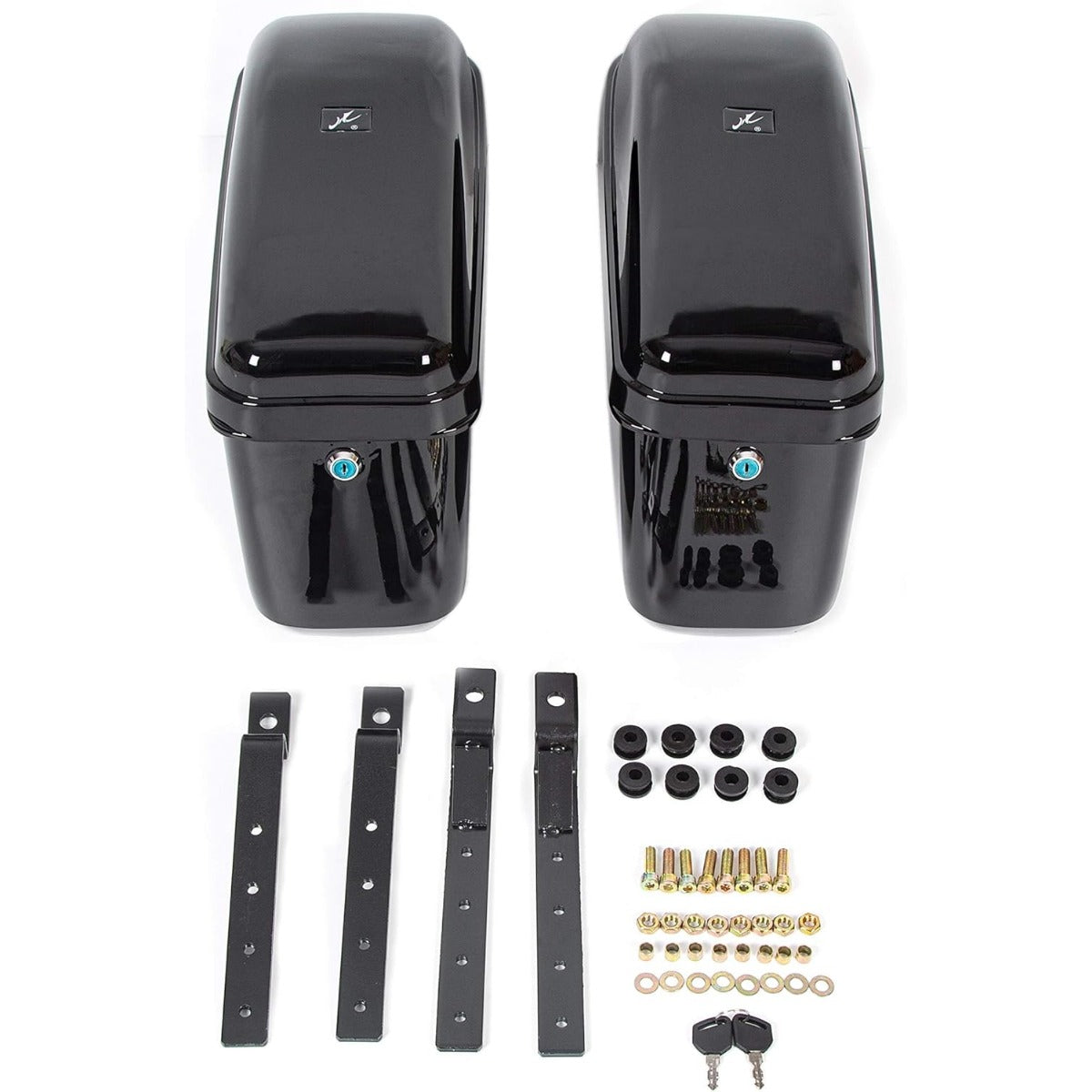 Universal Motorcycle Trunk Luggage Storage Box & Hard Saddle Bags Saddlebags w/Mounting Kit Compatible with Harley Davidson Honda Yamaha Suzuki Kawasaki Cruiser Shadow Vulcan - 2 Packages DMYS-B+GA-B