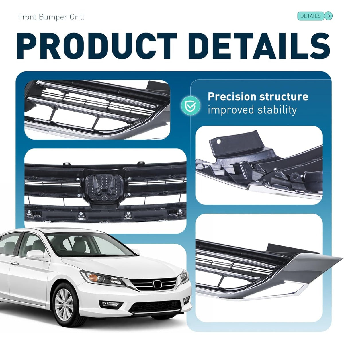 ALMULOO Front Bumper Grill Compatible with 2013-2015 Honda Accord 4Door Sedans Only Upper Black Chrome Grille ABS Plastic Replacement for 71121T2FA01 HO1200214