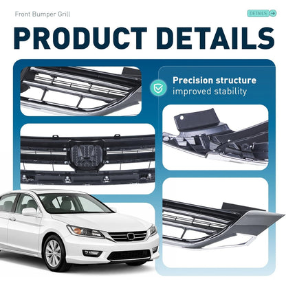 ALMULOO Front Bumper Grill Compatible with 2013-2015 Honda Accord 4Door Sedans Only Upper Black Chrome Grille ABS Plastic Replacement for 71121T2FA01 HO1200214