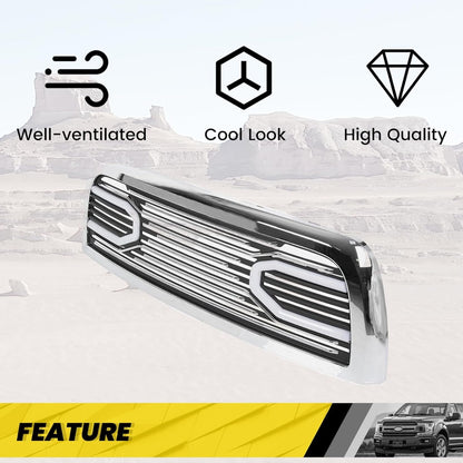 Front Bumper Grill w/LED Tube Compatible with 2010-2018 Ram 2500/3500/4500 Big Horn Hood Grille Replacement Shell Horizontal Style - Chrome