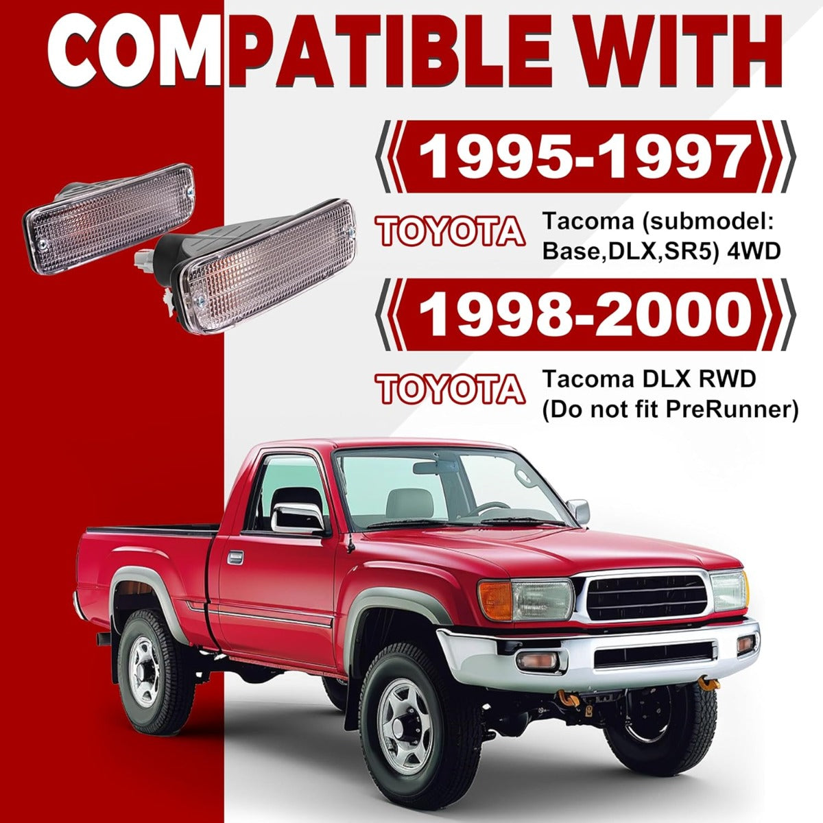 HECASA Pair Front Bumper Turn Signal Light Compatible with 95-97 Toyota Tacoma 4WD/98-00 Toyota Tacoma DLX RWD Replacement for TO2531122 TO2530122 Turn Signal Lamp Driver & Passenger Side Clear Lens