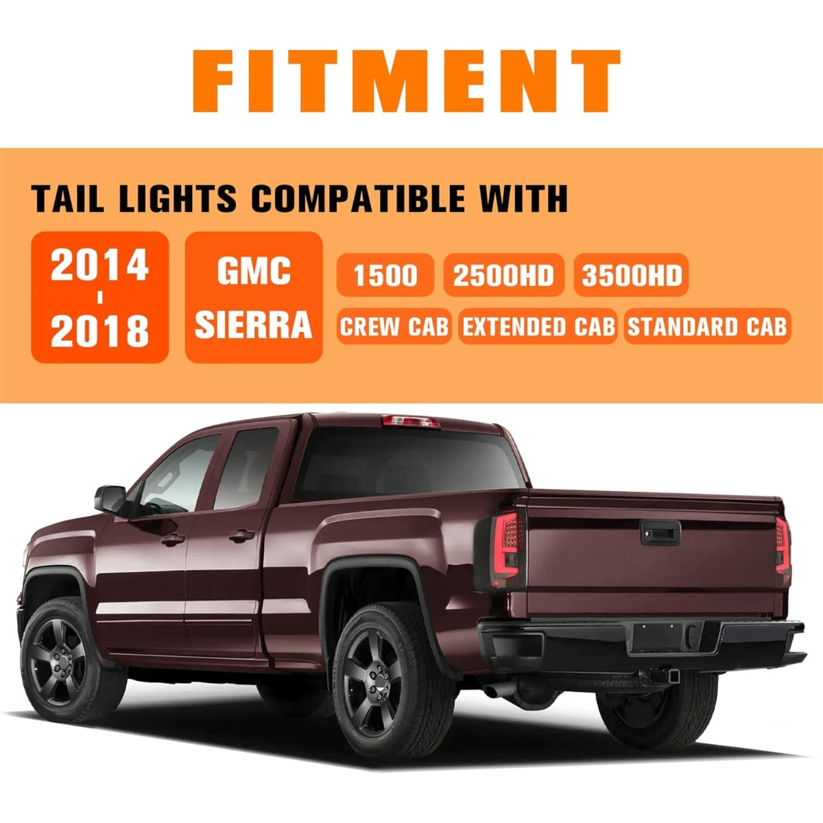KUAFU Tail Light Compatible with 2014-2018 GMC Sierra 1500 2500HD 3500HD Pickup Truck LED Tube Bar Stop Brake Lamps LH & RH Tail Lamp Black Housing Smoke Lens