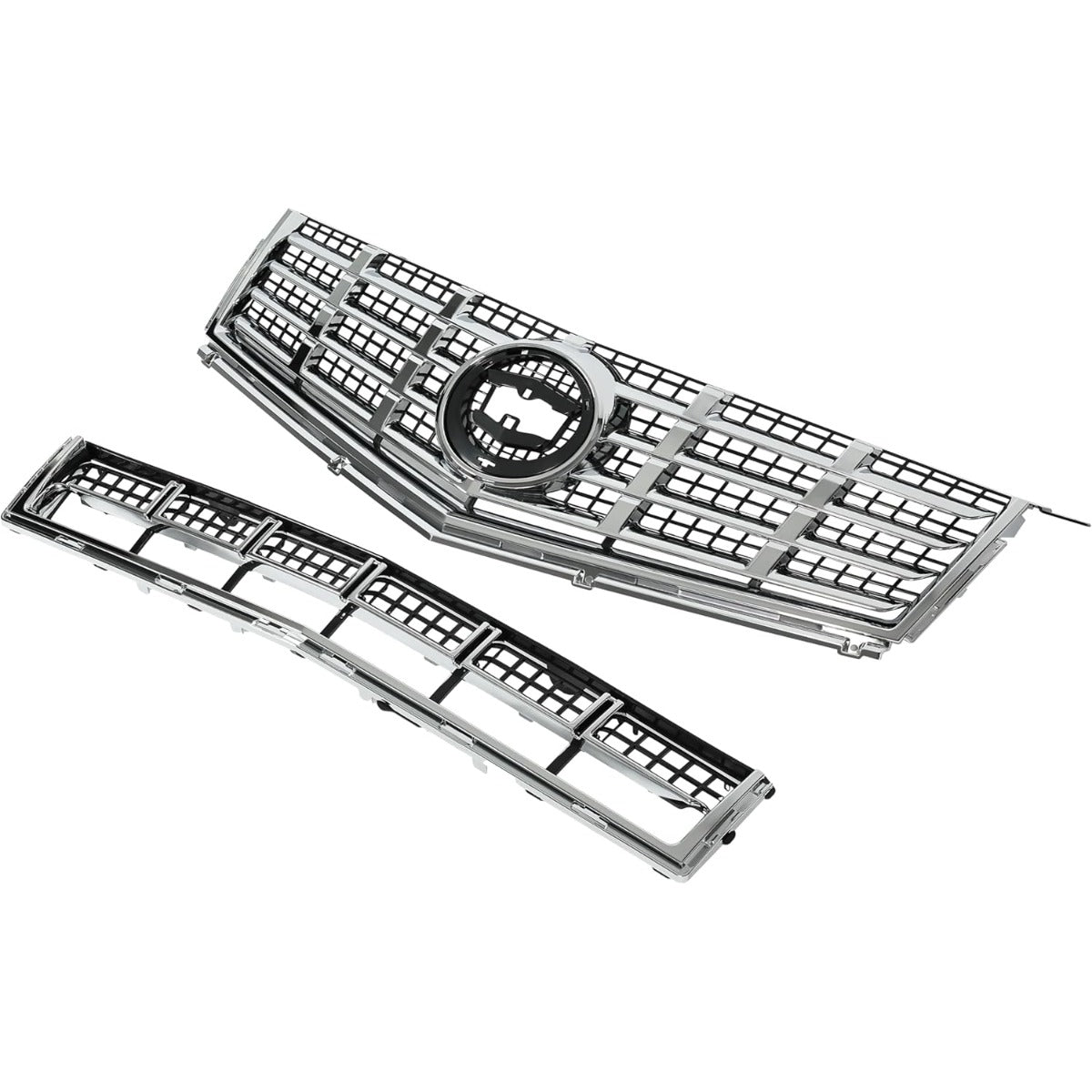 Front Bumper Upper & Lower Grille Kit Compatible with 2013-2016 Cadillac SRX Plastic Chrome Silvery Black Replacement for 22738992+22739004