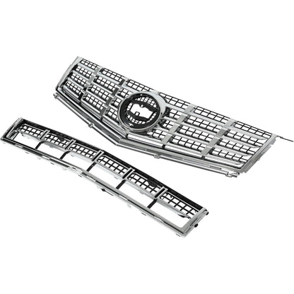 Front Bumper Upper & Lower Grille Kit Compatible with 2013-2016 Cadillac SRX Plastic Chrome Silvery Black Replacement for 22738992+22739004