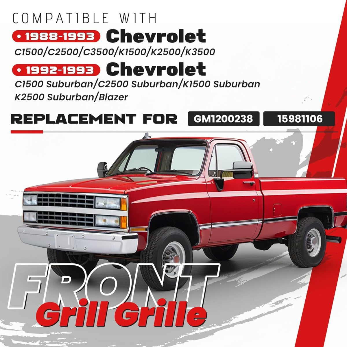Front Grille Grill Compatible with 1992-1993 Chevrolet Blazer 1988-1993 Chevrolet C/K1500/2500/3500 1992-1993 Chevrolet C/K1500/2500 Suburban Silver Replacement for GM1200142