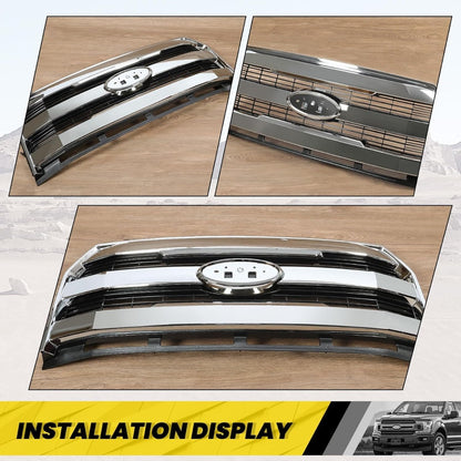 Front Bumper Grille Compatible with 2015-2017 Ford F150 F-150 Replacement for FL3Z-8200-MA FL3Z8200MA w/o Camera Chrome Upper Hood Mesh Grill ABS Plastic