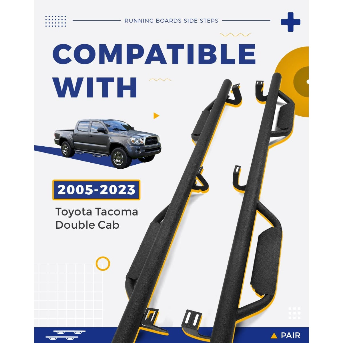 ECOTRIC Running Boards Compatible with 2005-2023 Toyota Tacoma Double Cab with 4 Full Size Nerf Bars Door Dropped Side Steps Hoop (Matte Black)