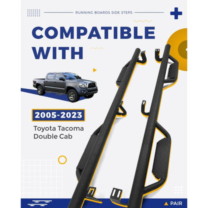 ECOTRIC Running Boards Compatible with 2005-2023 Toyota Tacoma Double Cab with 4 Full Size Nerf Bars Door Dropped Side Steps Hoop (Matte Black)