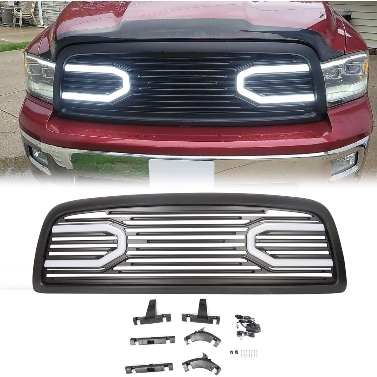 Front Bumper Grill Compatible with 2009-2012 Dodge Ram 1500 Hood Grille Replacement Shell (Black, W/Light)