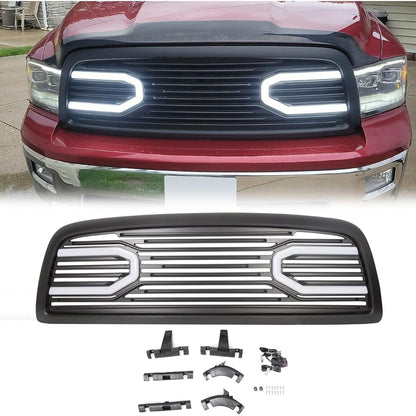 Front Bumper Grill Compatible with 2009-2012 Dodge Ram 1500 Hood Grille Replacement Shell (Black, W/Light)