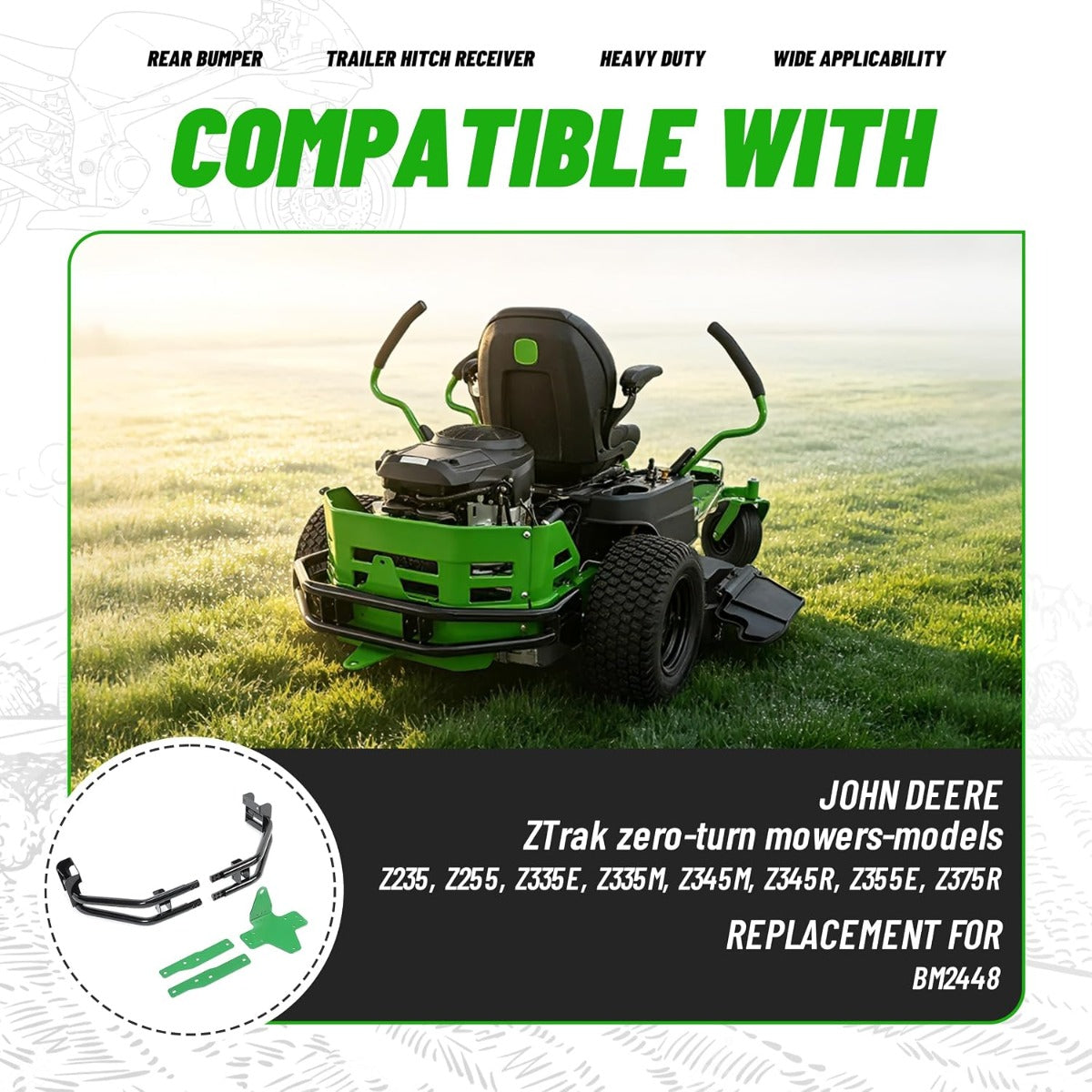 WUTIST Bumper Trailer Hitch Kit Compatible with Zero-Turn Mowers | Rear; Compatible with John Deere Zero-Turn Mowers Z235 Z255 Z335E Z335M Z345M Z345R Z355E Z355R Z365R Z375R; Steel