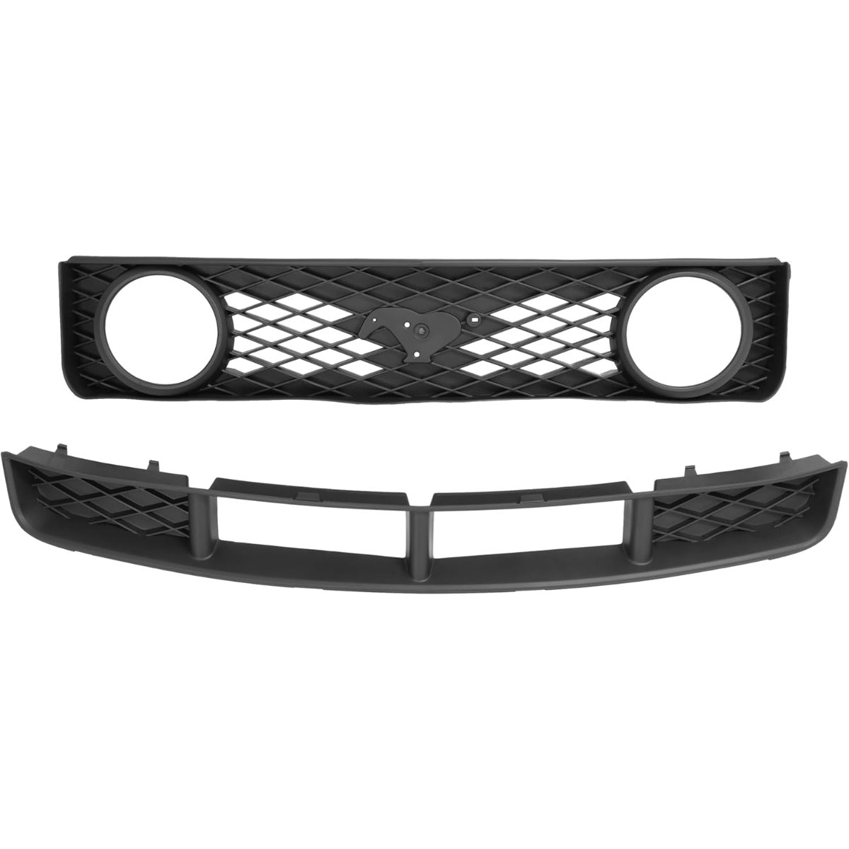 Front Bar Upper & Lower Grills 2Pcs Compatible with 2005-2009 Ford Mustang GT Plastic(PP) Bumper Black Grille w/Round Light Holes Replacement for FO1200422 FO1036114 6R3Z8200BA 7R3Z17K945BA