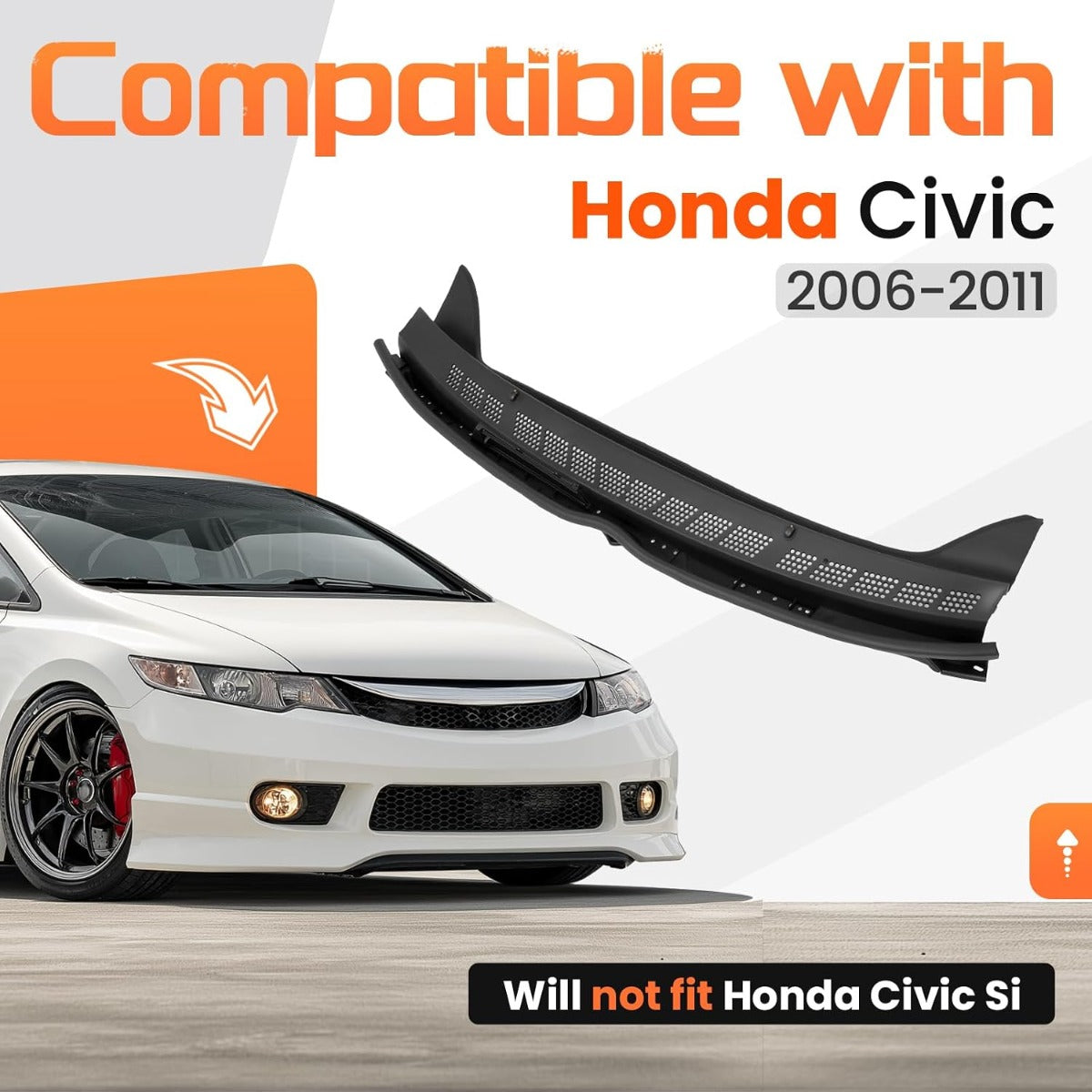 Windshield Wiper Cowl Panel Compatible with 2006-2011 Honda Civic Excluded Si, Replacement for 74200SNAA00 Air Inlet Window Cover Cowl Top Front Center Textured Black Plastic PP