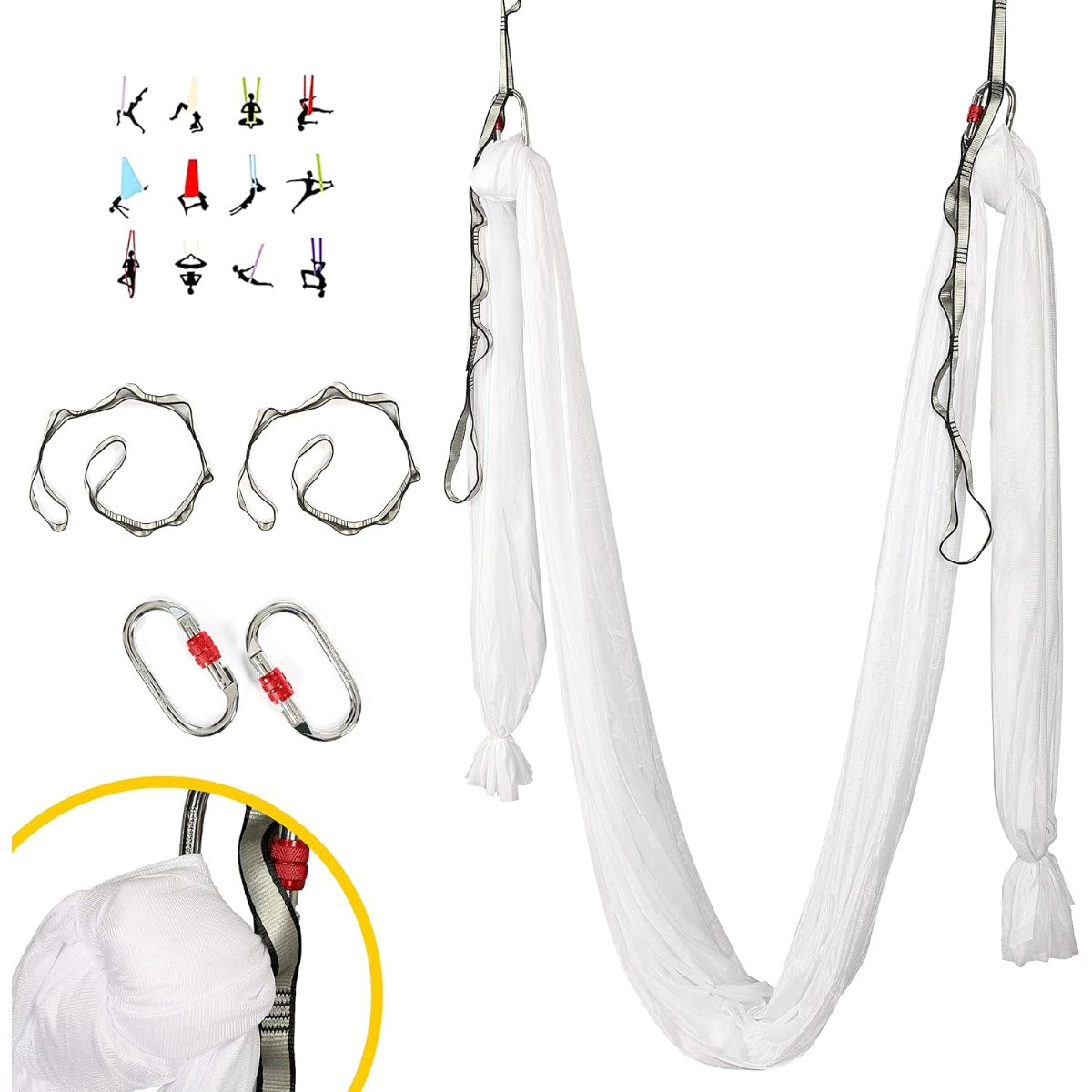Kojem Aerial Silk Fabric Yoga Swing Kit For Fitness Yoga Inversions Flexibility Core Strength Dance White Nylon Fabric 6.6/13.1 Yards