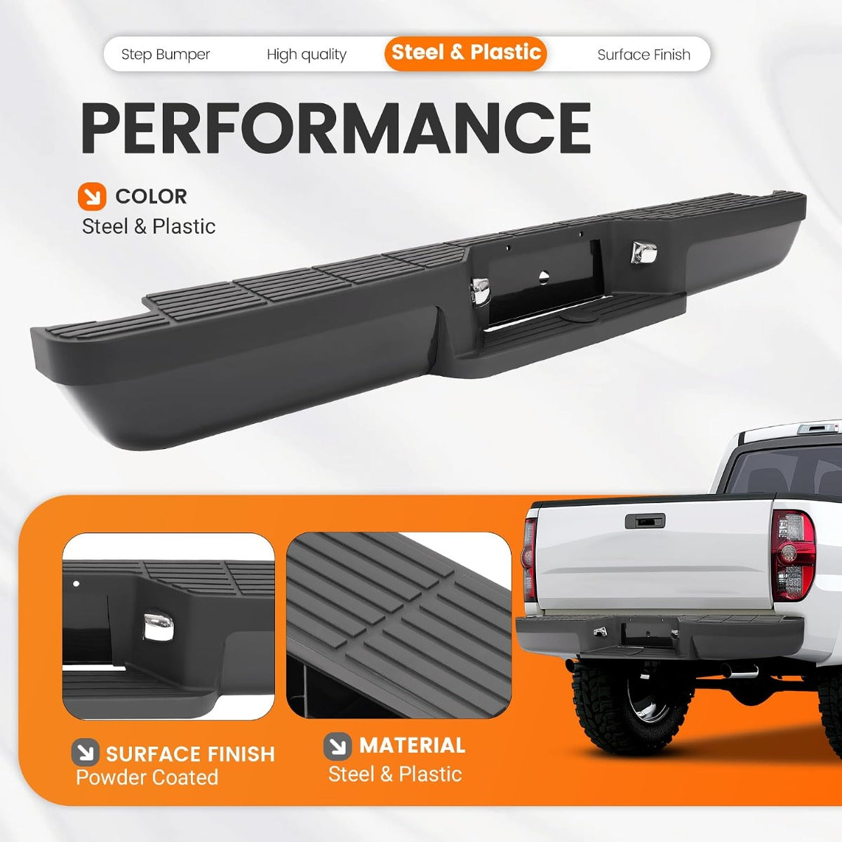 HECASA Rear Step Bumper Compatible with 1993-2011 Ford Ranger Fleetside/Styleside Supercrew FO1102257 W/Brackets & LED Lights w/o Parking Aid Sensor Holes Black