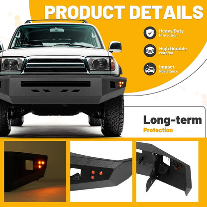 Front Bumper Assembly Compatible with 1996-2002 Toyota 4Runner Third Gen w/Light Holes & Flush Mount Amber LED Turn Signal Lights Steel Powder Coated Black