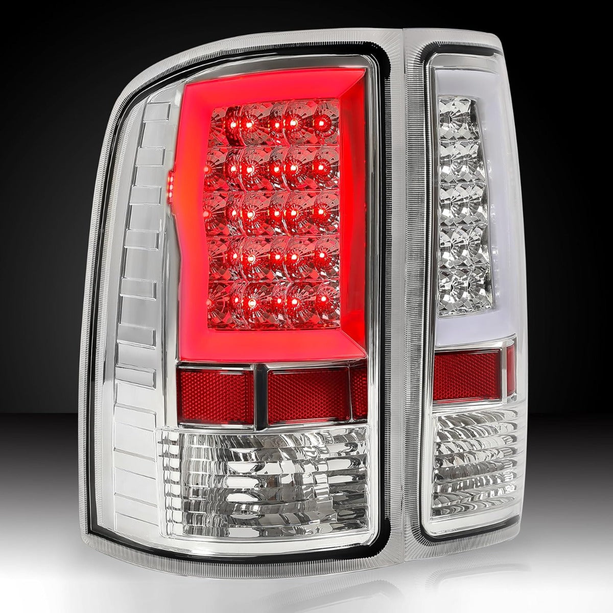 ALMULOO Pair LED Tail Light Compatible with 07-13 GMC Sierra 1500 & 07-14 GMC Sierra 2500HD 3500HD Replacement for GM2800208 GM2801208 Rear Lamp Clear Lens Chrome Housing Plastic Left&Right