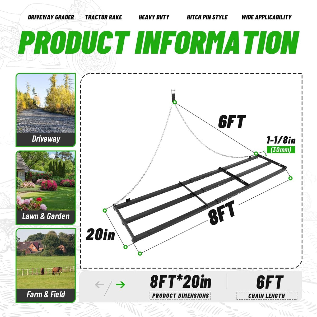 8FT Drag Harrow Driveway Grader Heavy Duty Tow Behind Drag Lawn Leveling Rake for UTV ATV Tractor Mower Land Leveler Lawn Leveling Rake W/ 6FT Chain (Black)