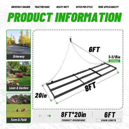 8FT Drag Harrow Driveway Grader Heavy Duty Tow Behind Drag Lawn Leveling Rake for UTV ATV Tractor Mower Land Leveler Lawn Leveling Rake W/ 6FT Chain (Black)