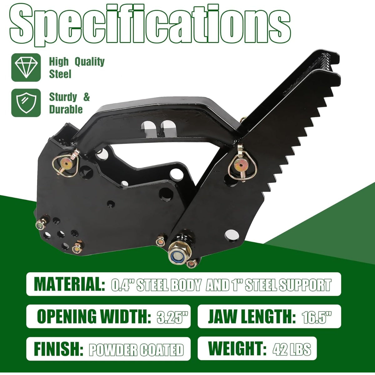 Universal Backhoe Thumb Excavator Attachment Fit for 3.25 Inches Boom Width Compatible with Kubota Woods Mahindra Deere JD Claw Tractor Black Powder Coated Steel Bolt On Durable Heavy Duty