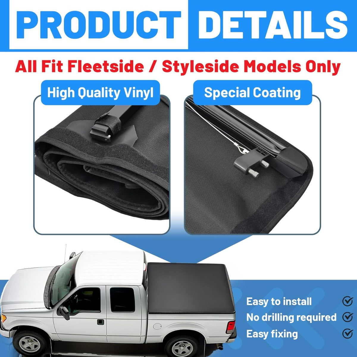 6.5 FT Truck Bed Tonneau Cover Compatible with 1997-2003 Ford F-150 F150 2004 Heritage Soft Roll-Up 79" Aluminum Powder Coated Black Fits Fleetside/Styleside Models Only