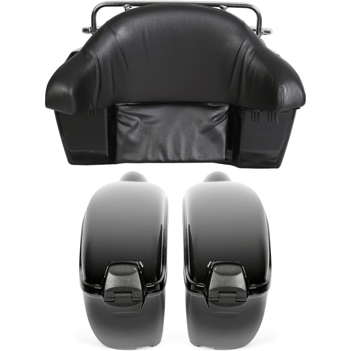 Black Universal Hard Saddle Bag Trunk Tail Box w/Top Rack & Backrest & Tail Light for Yamaha Cruiser