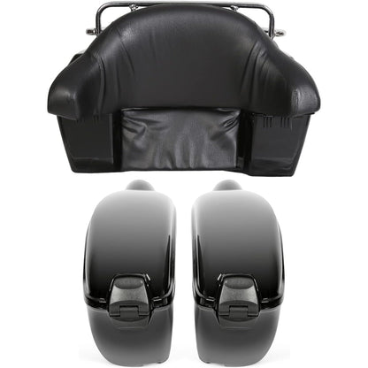 Black Universal Hard Saddle Bag Trunk Tail Box w/Top Rack & Backrest & Tail Light for Yamaha Cruiser