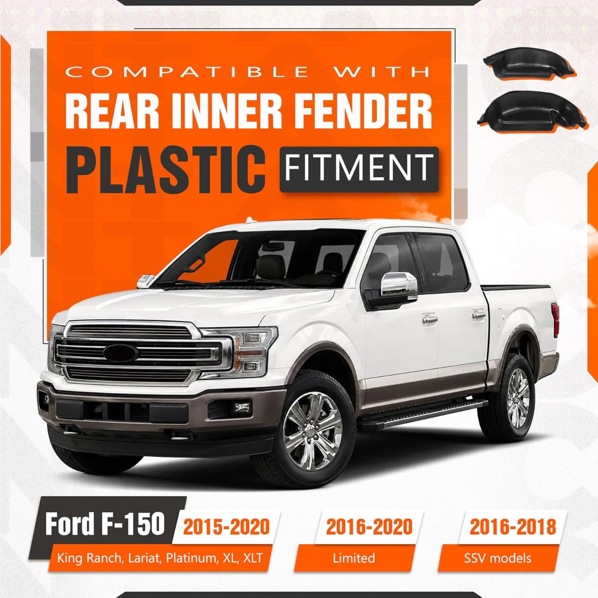 ECOTRIC Rear Inner Fender Compatible with 2015-2020 Ford F-150 King Ranch, Lariat, Limited, Platinum, SSV, XL, XLT Wheel Well Guards Mud Guard Flaps Plastic(ABS) Black