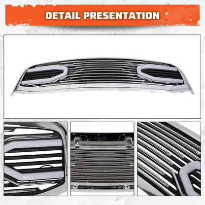 Front Horn Grille Grill W/Light Compatible with 2006-2009 Dodge RAM 2500 3500 2006-2008 Dodge RAM 1500 Chrome Replacement Shell