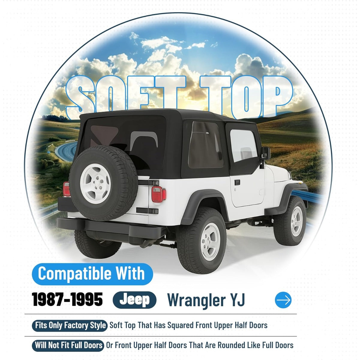 Convertible Soft Top Kit for 1987-1995 Jeep Wrangler YJ Black Soft Roof w/Upper Half Doors and Tinted Plastic Windows & Aluminum + Steel Mounting Frames Complete Replacement