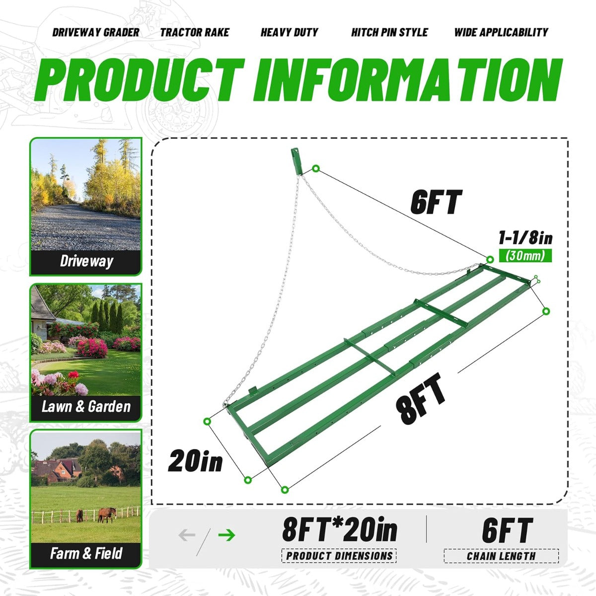 8FT Drag Harrow Driveway Grader Heavy Duty Tow Behind Drag Lawn Leveling Rake for UTV ATV Tractor Mower Land Leveler Lawn Leveling Rake W/ 6FT Chain (Green)