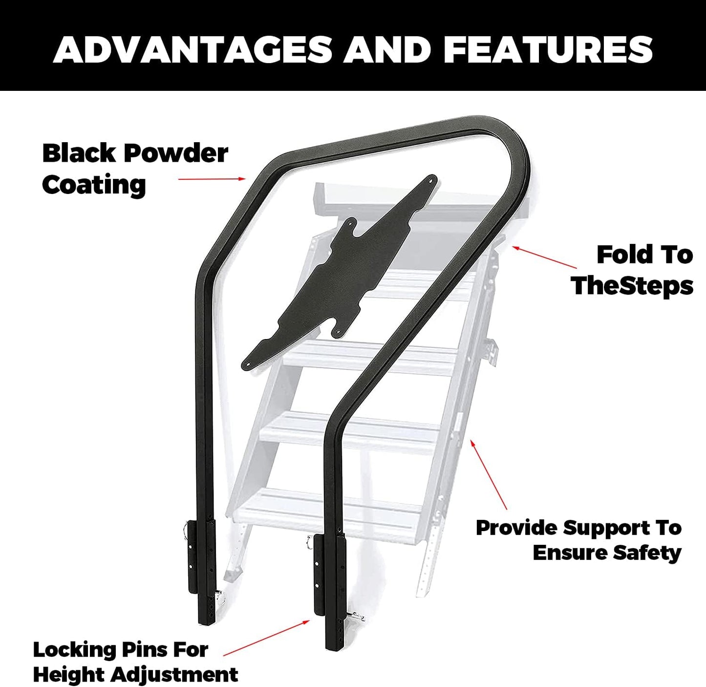 RV Handrail Compatible with Any Generation 3 Triple Or Quad Solid Step for 5th Wheel Rvs Travel Trailers Steel 3 or 4 Step LYOM-072