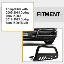 Bull Bar Front Bumper Grille Guard Protector w/Skid Plate Compatible with 2009-2018 Dodge Ram 1500 2019-2023 Dodge Ram 1500 Classic Brush Guard Brush Push Bar Black Steel Light Mount LYAM-502-1