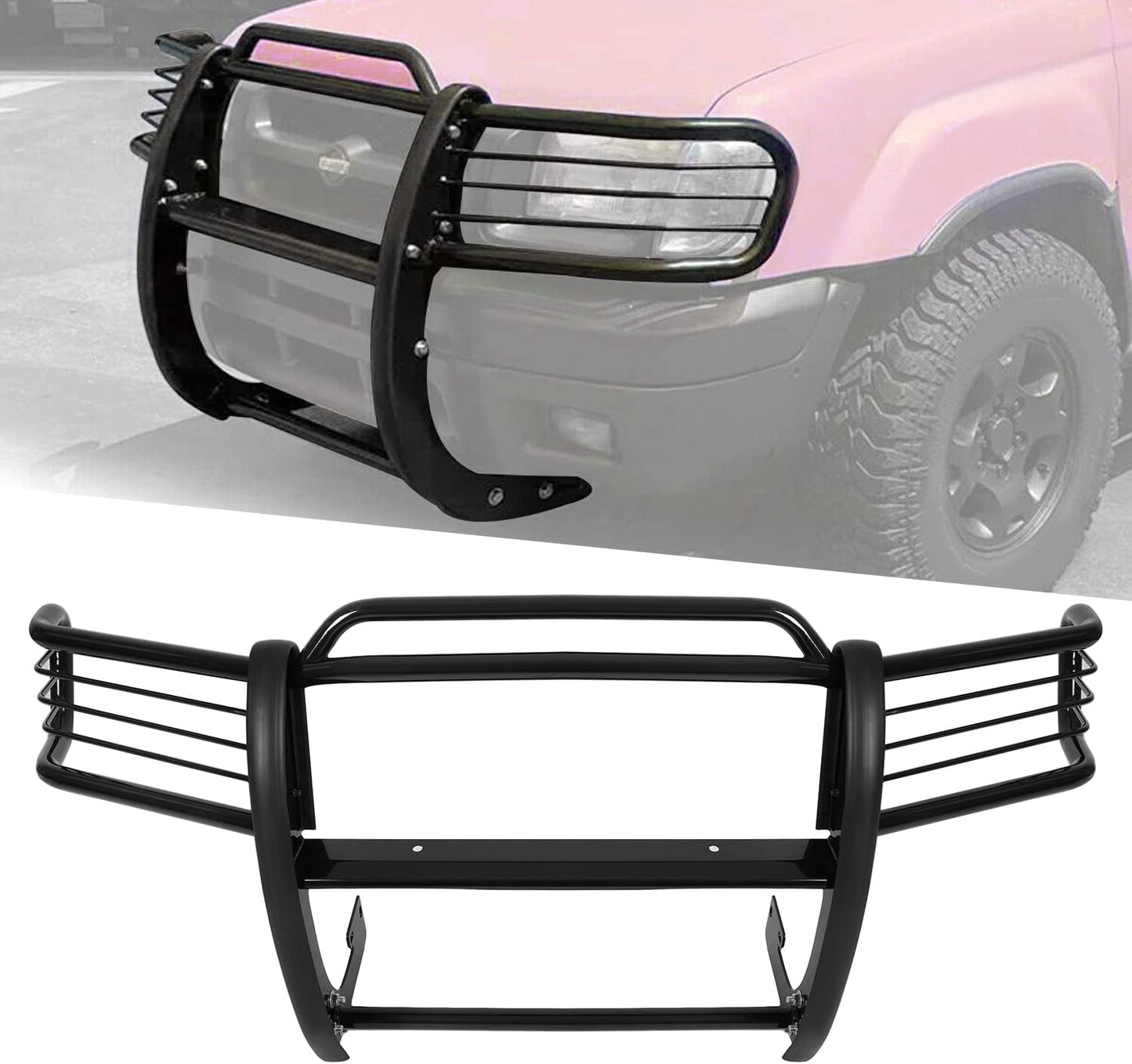 Front Bumper Protector Brush Grille Guard Compatible with Nissan 2001-2004 Frontier Powder Coated Black Steel LYAM-188S