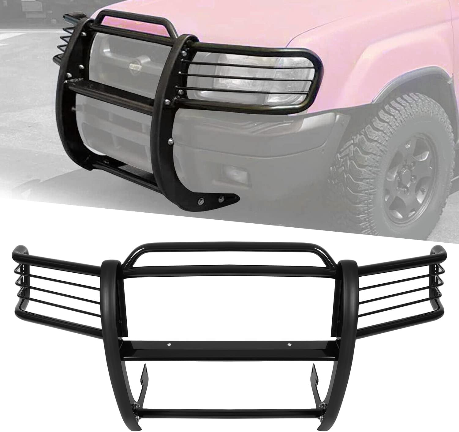 Front Bumper Protector Brush Grille Guard Compatible with Nissan 2001-2004 Frontier Powder Coated Black Steel LYAM-188S