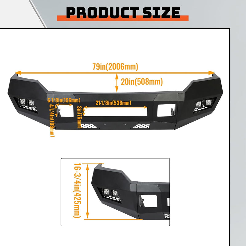 Front Bumper Compatible with 2011-2016 Ford F250 F350 Super Duty W/LED Lights 3 PCS Bumper Assembly Steel Powder Coated Black (2 Packages) LYAM-043TA+LYAM-043TB