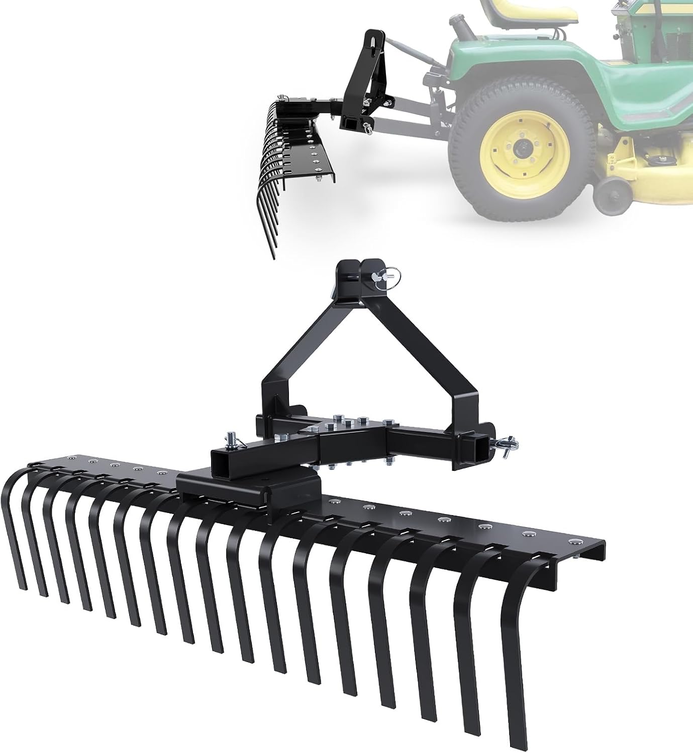 50In Landscape Rake Compatible with Category-0 Cat0 Tractor 3 Point & 5-Position Angle Adjustment for Garden, Farm, Grass Steel Powder Coated Black LYOM-374-BK