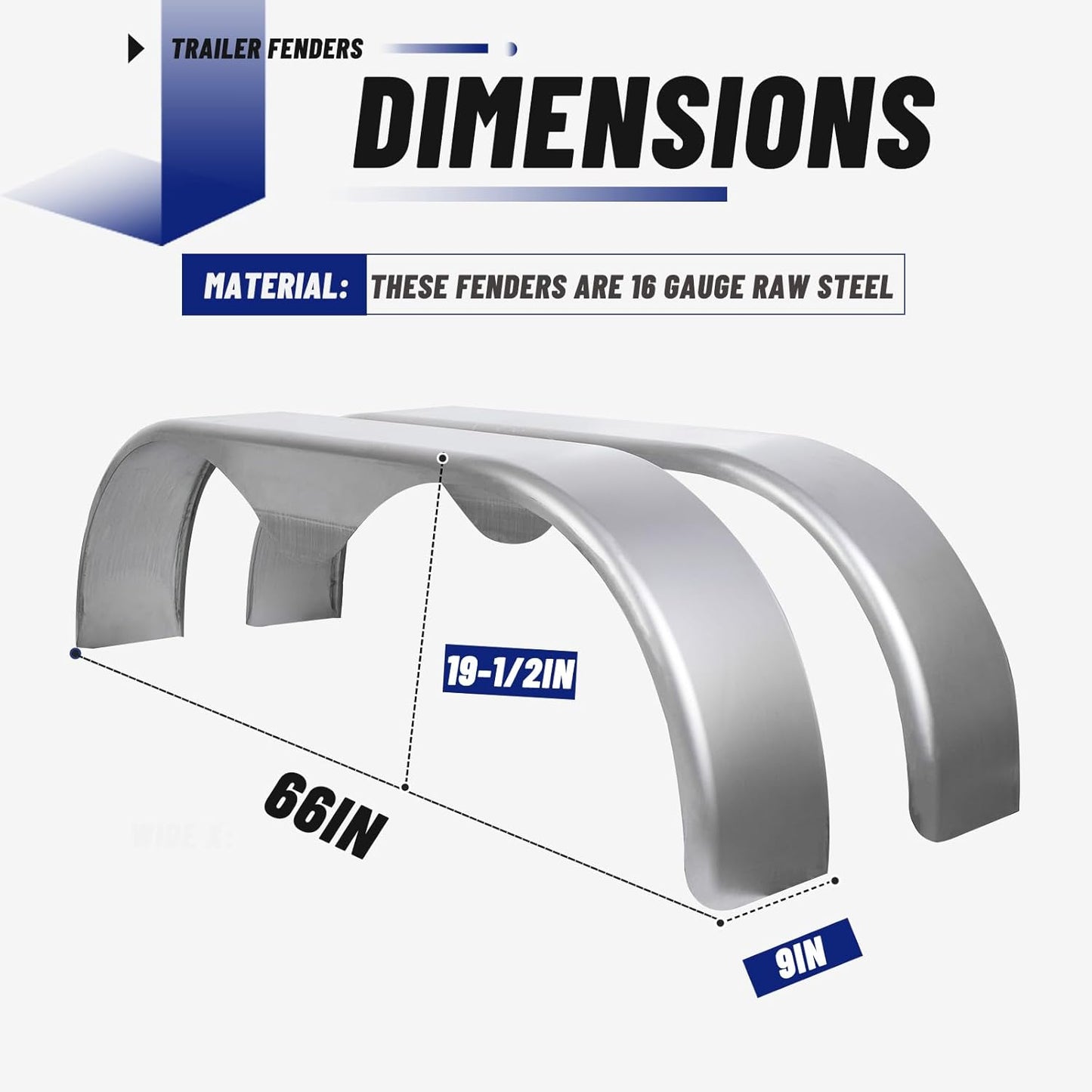 2Pcs Tandem Trailer Fender Double Axle Compatible with 13-15 Inch Wheels Teardrop Pair Enclosed Trailers 9inches x 66inches x 19.5inches - Cold Rolled Steel LYAM-433