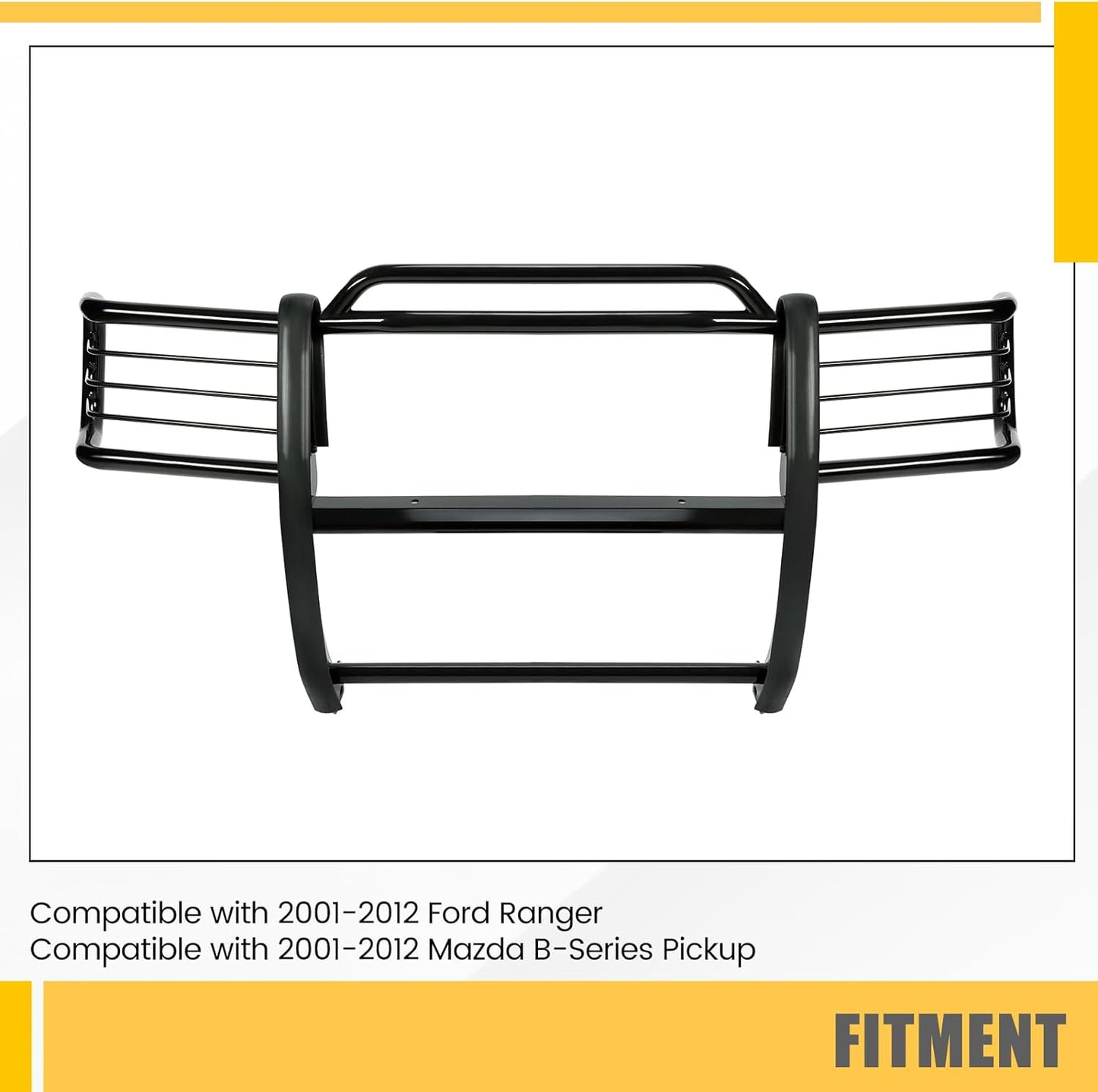 Brush Guard Compatible with 2001-2012 Ford Ranger Mazda B-Series Pickup With Skid Plate Bull Bar Front Bumper Grill Grille Guard Protector Brush Push Bar Steel Black Power Coated LYAM-778