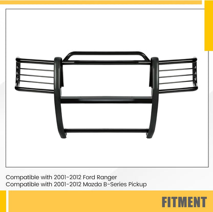 Brush Guard Compatible with 2001-2012 Ford Ranger Mazda B-Series Pickup With Skid Plate Bull Bar Front Bumper Grill Grille Guard Protector Brush Push Bar Steel Black Power Coated LYAM-778