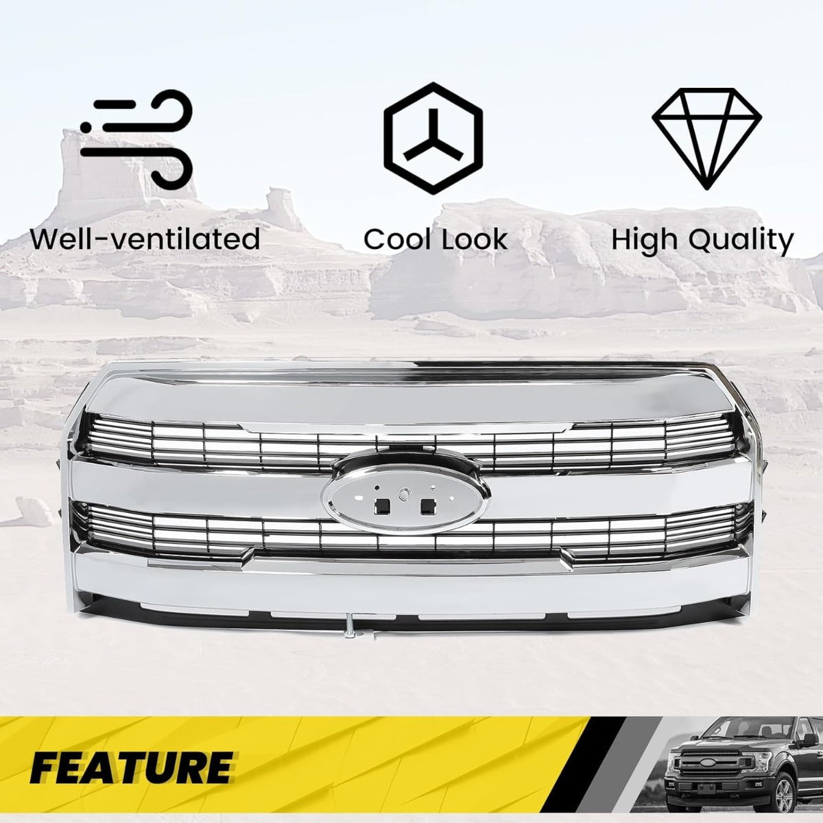 Front Bumper Grille Compatible with 2015-2017 Ford F150 F-150 Replacement for FL3Z-8200-MA FL3Z8200MA w/o Camera Chrome Upper Hood Mesh Grill ABS Plastic