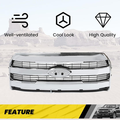 Front Bumper Grille Compatible with 2015-2017 Ford F150 F-150 Replacement for FL3Z-8200-MA FL3Z8200MA w/o Camera Chrome Upper Hood Mesh Grill ABS Plastic