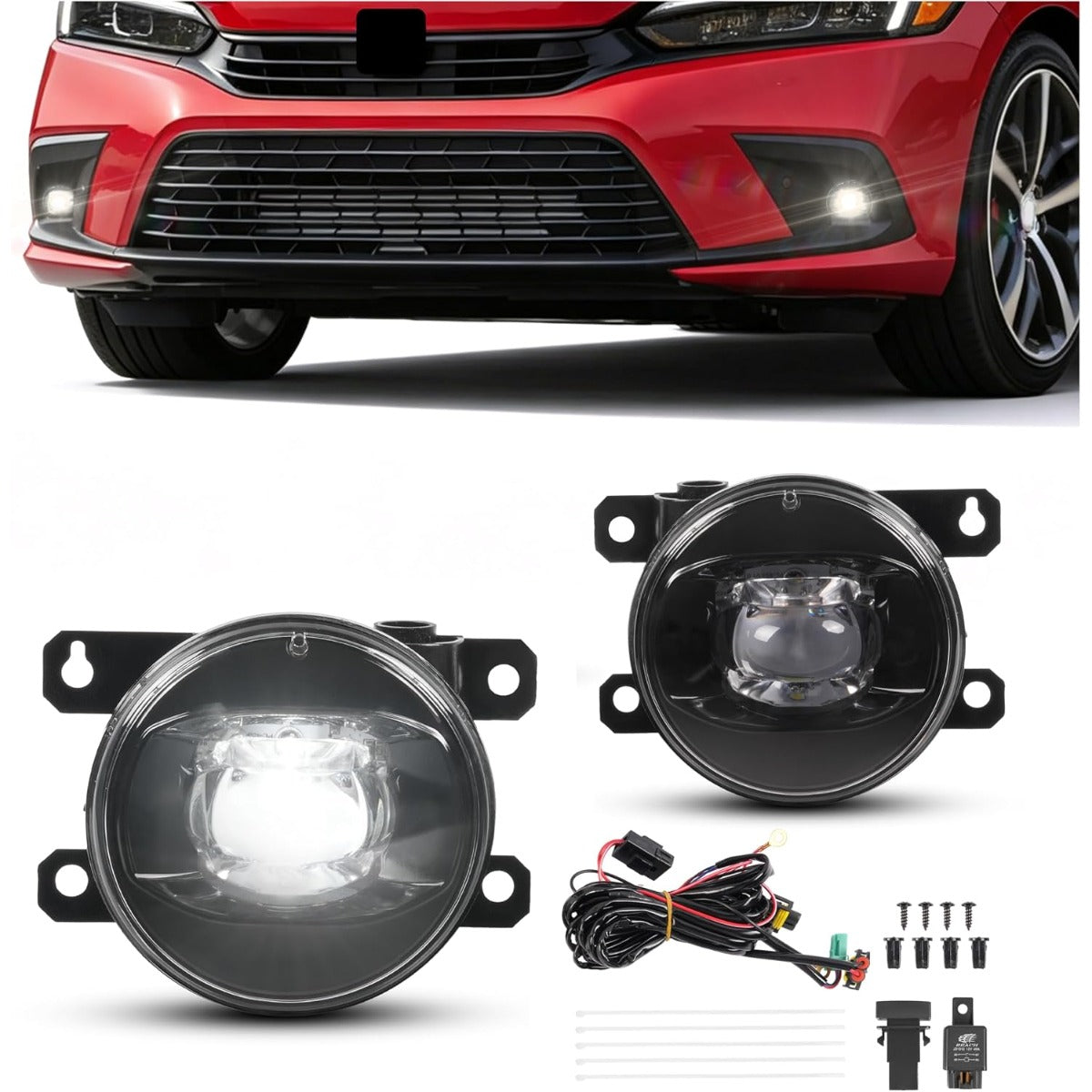 HECASA Pair LED Fog Lights w/Switch Wiring Harness Compatible with 2022-2024 Honda Civic Replacement for HO2593149 HO2592149 Front Bumper Fog Lamp Kit Clear Lens Driver&Passenger Side