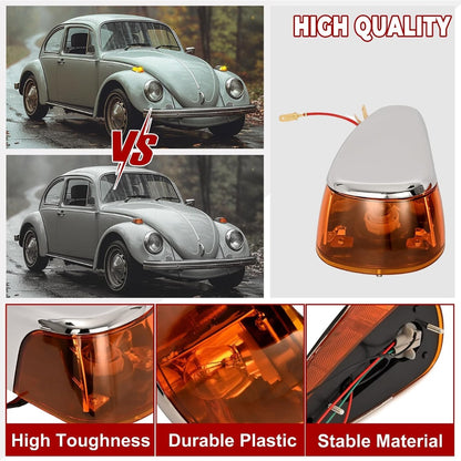 HECASA Pair Turn Signal Lights Compatible with 1970-1979 VW BUG Volkswagen Super Beetle Thing Halogen Front Turn Signal Lamp w/Bulbs Amber Lens Left&Right Side